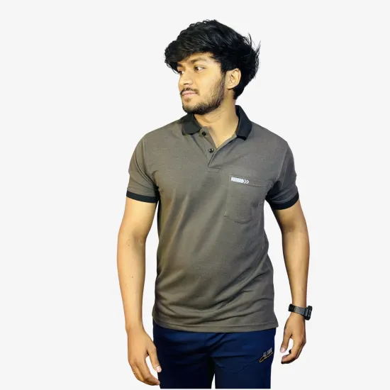 Men's Charcoal Grey Polo T-Shirt with Black Collar | Premium Cotton Regular Fit